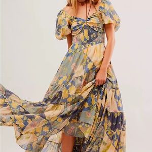 Free People Yellow and Blue Maxi Dress Sweetheart Puff Sleeve